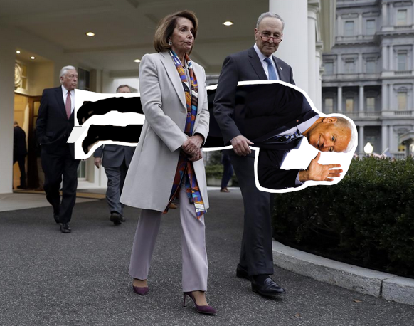 Schumer and Pelosi with a Biden Cardboard Cut-Out