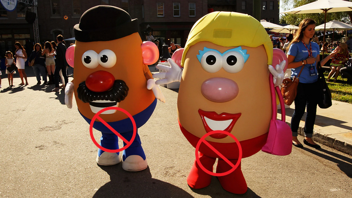 Mr. and Mrs. Potato Head with their genders cancelled