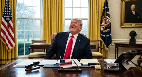 Trump at a desk laughing.